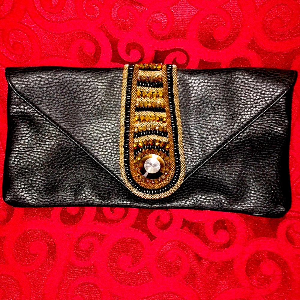 Big Buddha clutch black leather w/beading